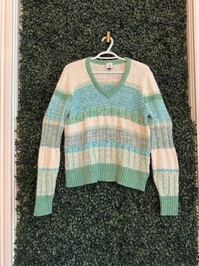 Cabi Cozy Striped V-Neck Sweater - Mint & Cream